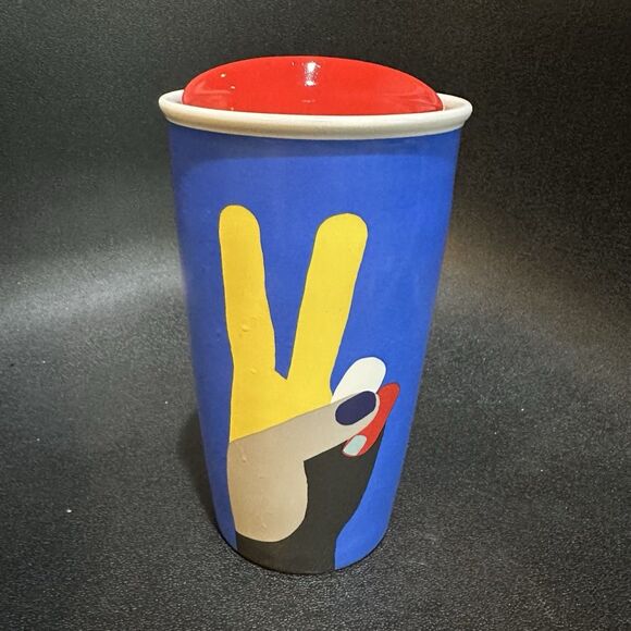 Starbucks Other - Starbucks Ceramic Travel Mug Rare Collectible Peace Sign Blue Red Yellow 12oz
